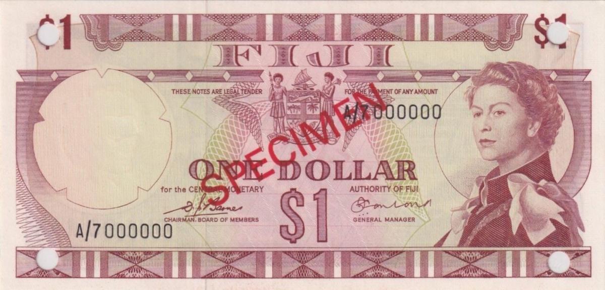 Front of Fiji p71s2: 1 Dollar from 1974