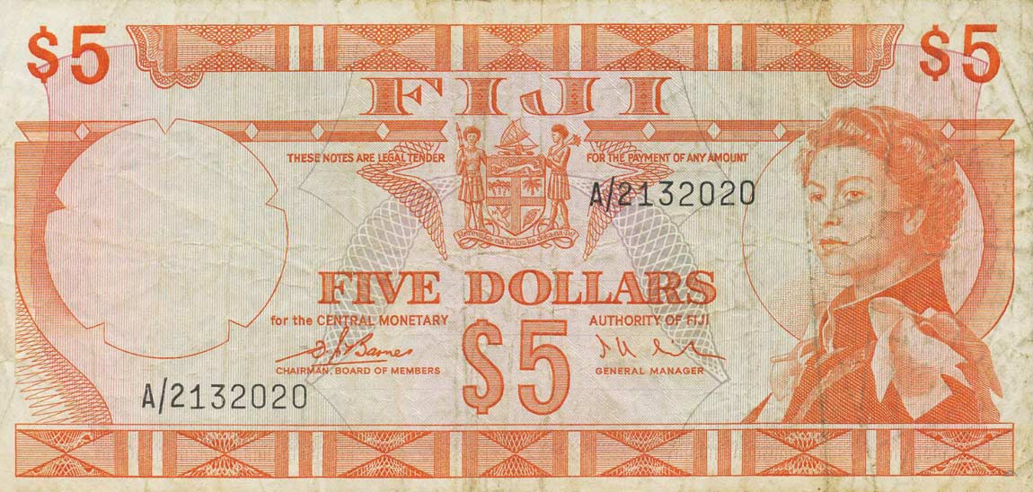 Front of Fiji p73a: 5 Dollars from 1974