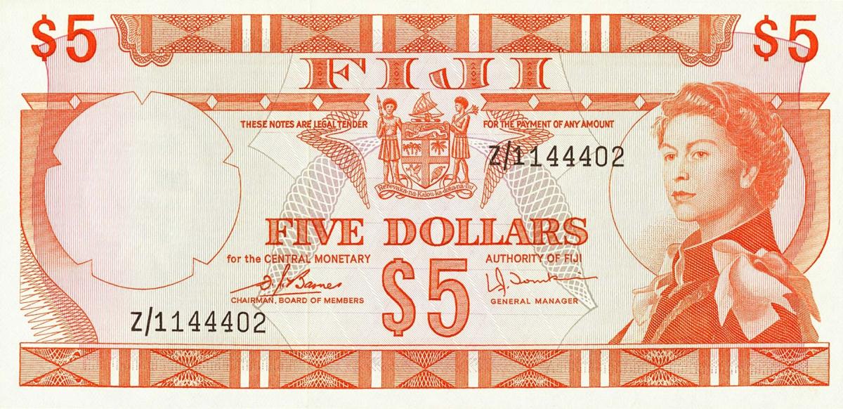 Front of Fiji p73cr: 5 Dollars from 1974