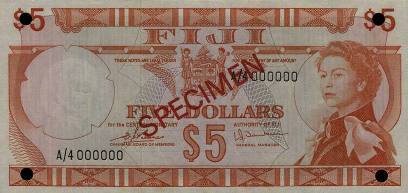 Front of Fiji p73s9: 5 Dollars from 1974