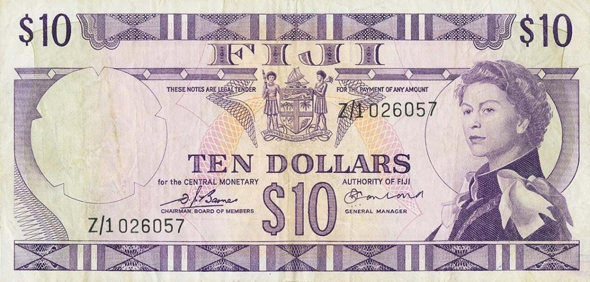 Front of Fiji p74br: 10 Dollars from 1974