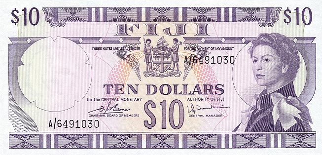 Front of Fiji p74c: 10 Dollars from 1974