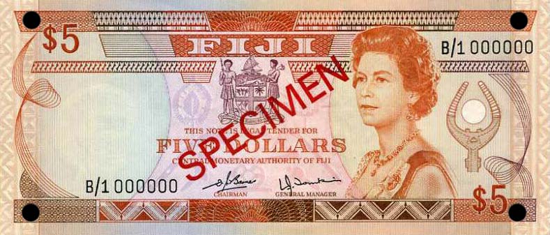 Front of Fiji p78s2: 5 Dollars from 1980