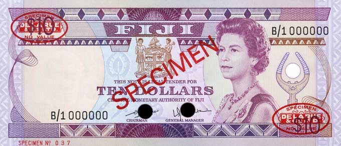 Front of Fiji p79s1: 10 Dollars from 1980