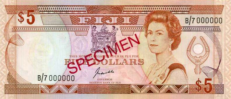 Front of Fiji p91s2: 5 Dollars from 1991