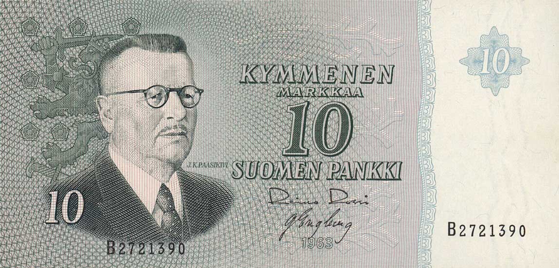 Front of Finland p100a: 10 Markkaa from 1963