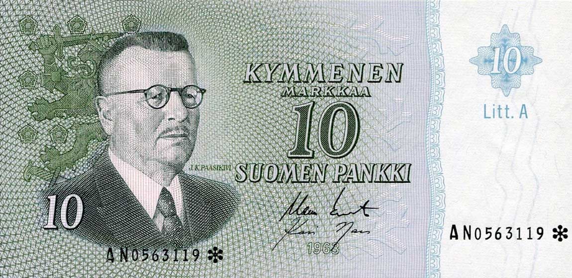 Front of Finland p100r: 10 Markkaa from 1963