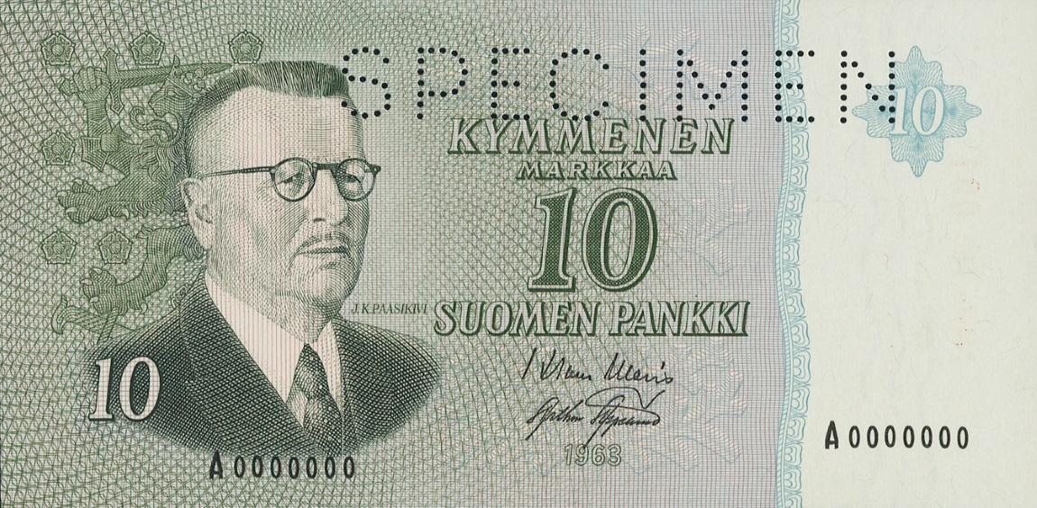 Front of Finland p100s: 10 Markkaa from 1963