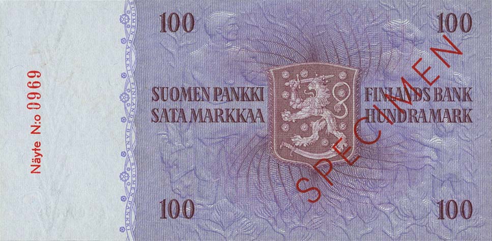 Back of Finland p102s: 100 Markkaa from 1963