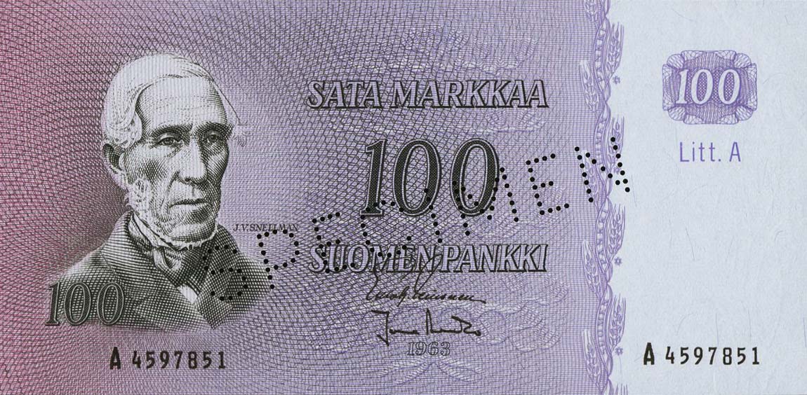 Front of Finland p106s: 100 Markkaa from 1963