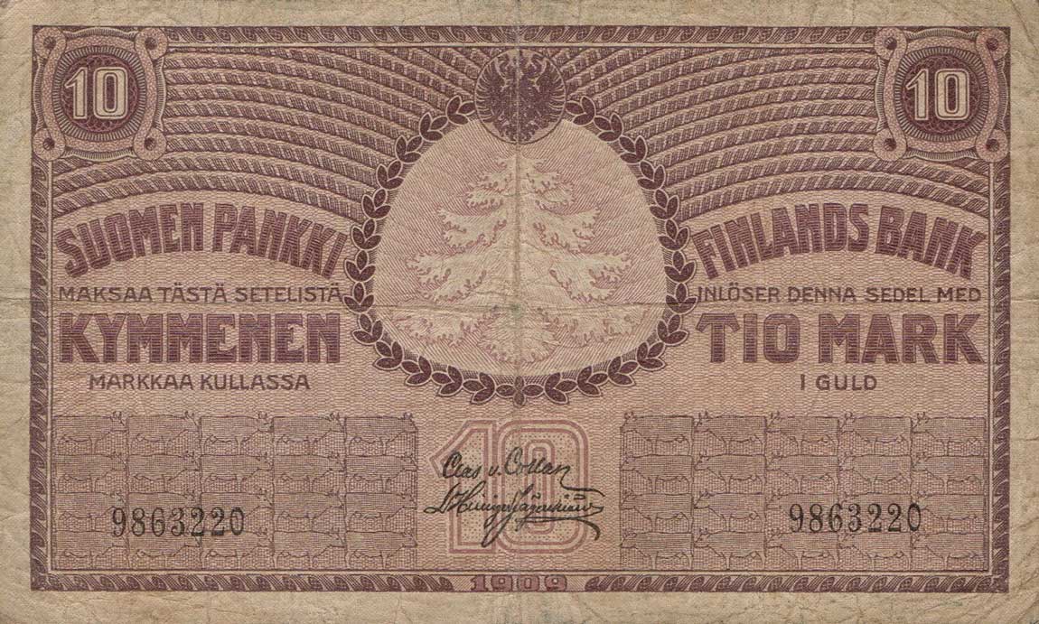 Front of Finland p10b: 10 Markkaa from 1909