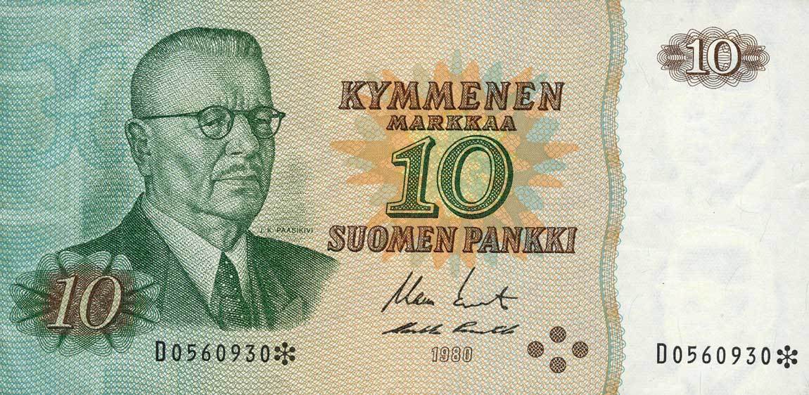 Front of Finland p111r1: 10 Markkaa from 1980