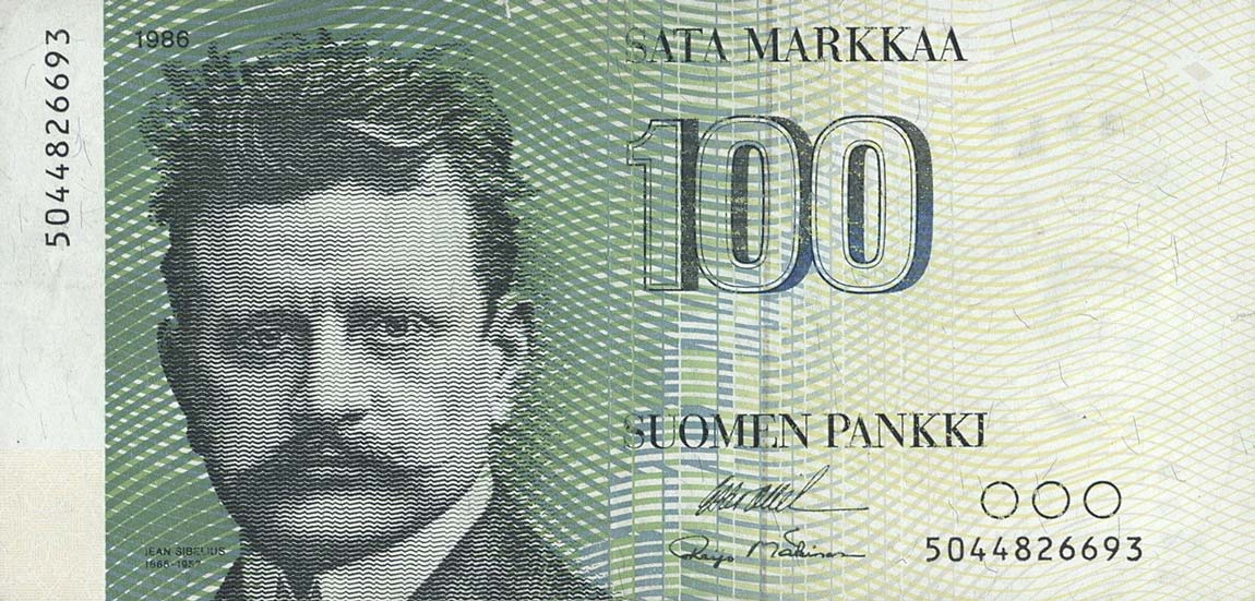 Front of Finland p115a: 100 Markkaa from 1986