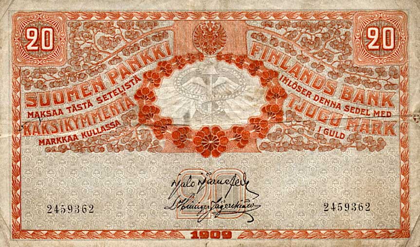 Front of Finland p11b: 20 Markkaa from 1909