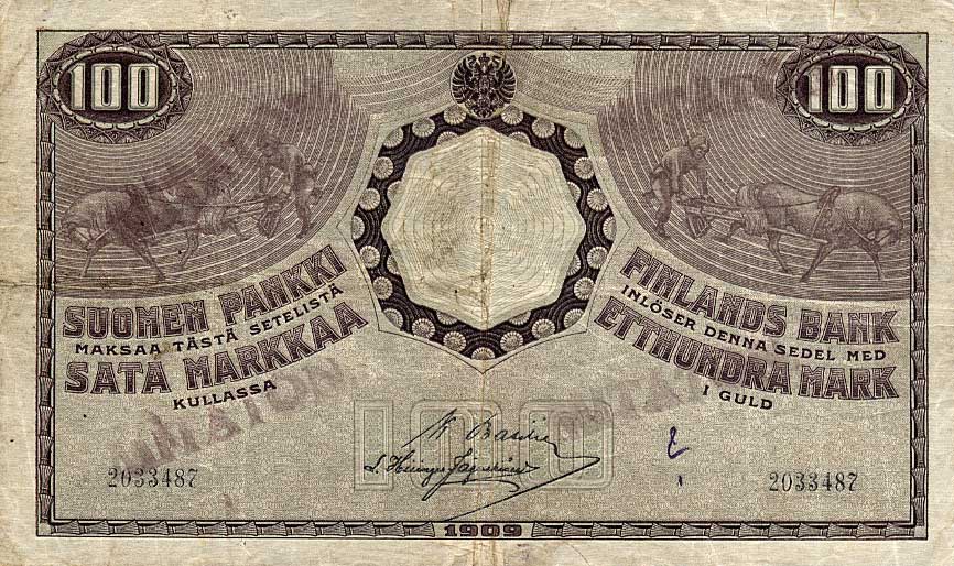 Front of Finland p13a: 100 Markkaa from 1909