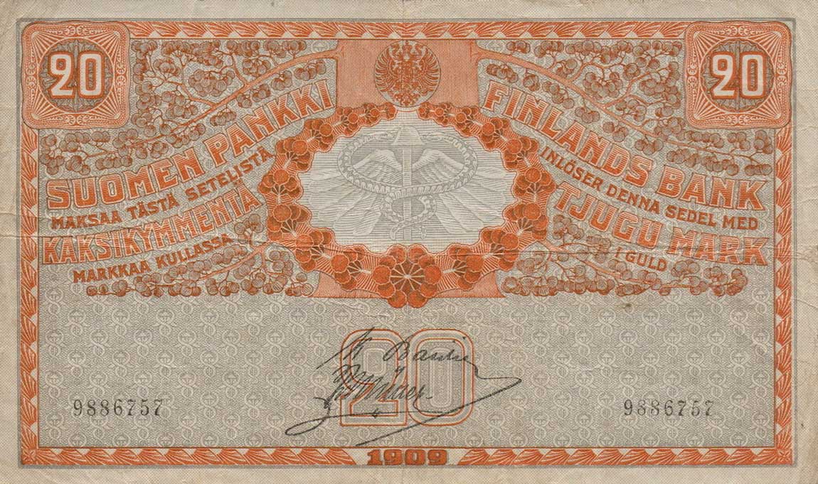 Front of Finland p21a: 20 Markkaa from 1909