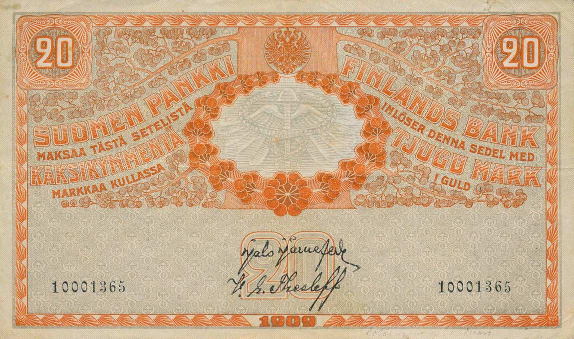Front of Finland p21b: 20 Markkaa from 1909