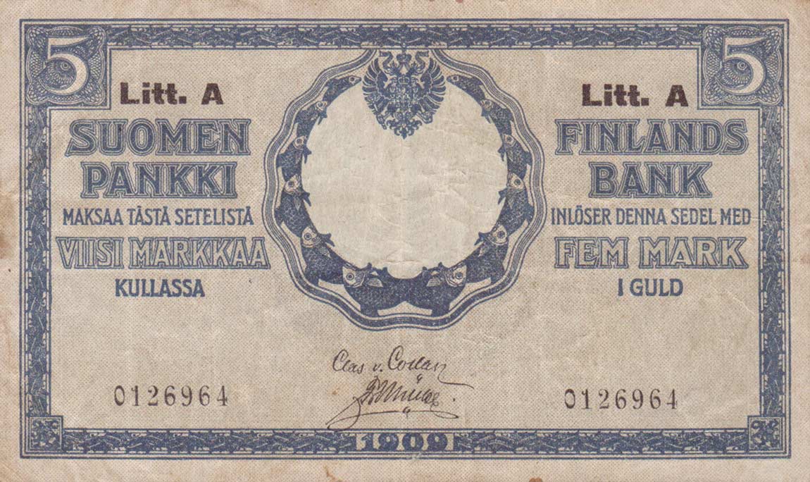 Front of Finland p24a: 5 Markkaa from 1909