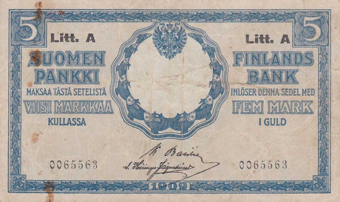 Front of Finland p24b: 5 Markkaa from 1909