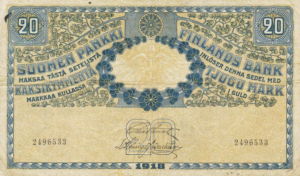 Front of Finland p38: 20 Markkaa from 1918