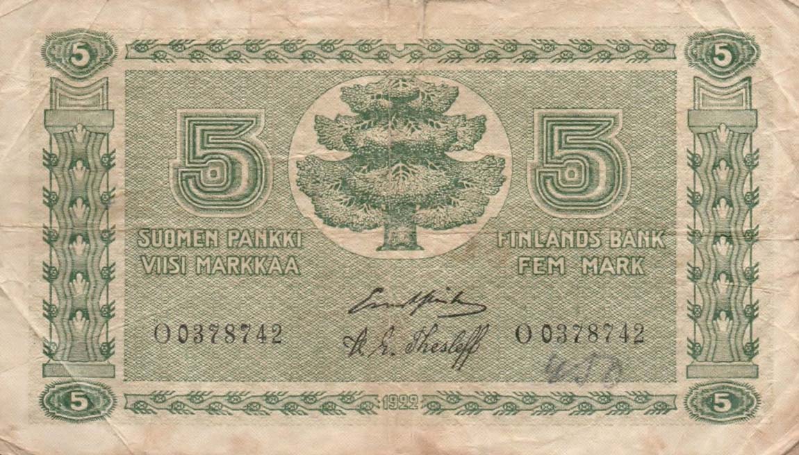 Front of Finland p42: 5 Markkaa from 1922