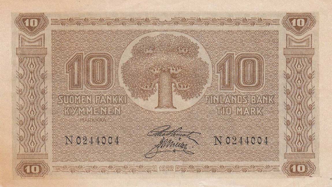 Front of Finland p43: 10 Markkaa from 1922