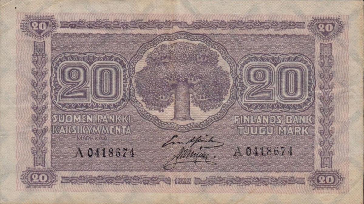 Front of Finland p44: 20 Markkaa from 1922