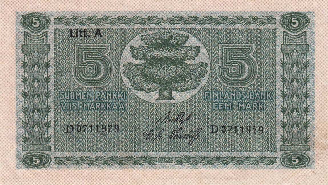 Front of Finland p49: 5 Markkaa from 1922