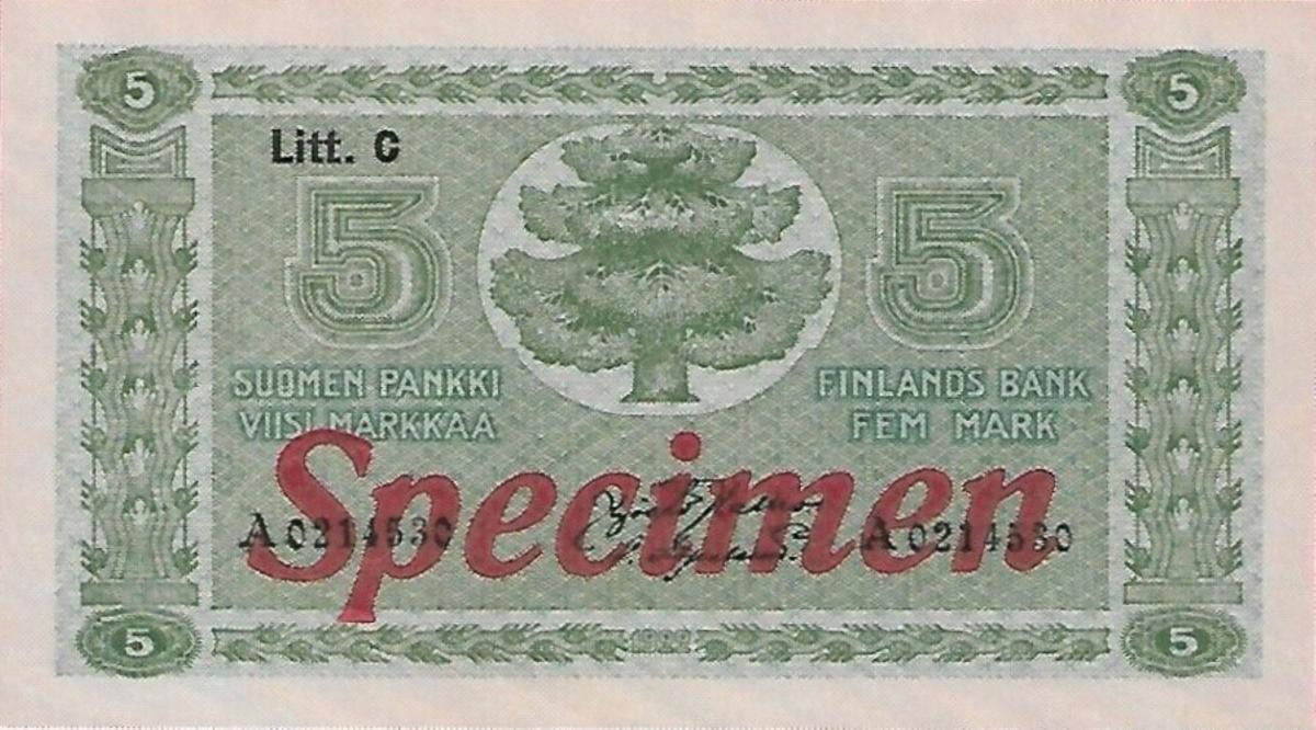 Front of Finland p61s: 5 Markkaa from 1922