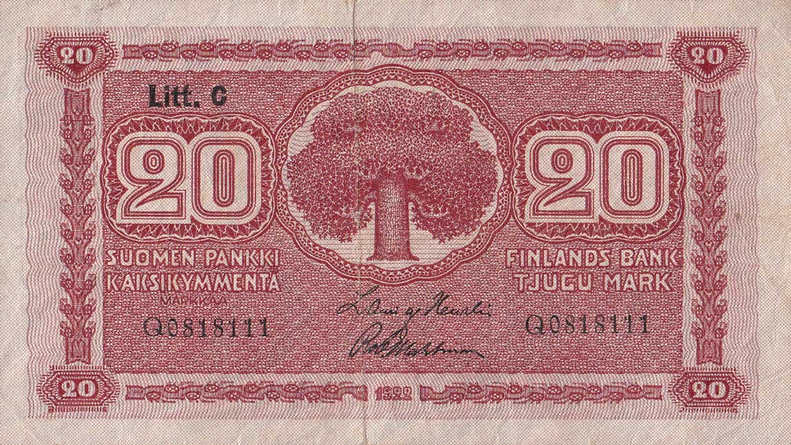 Front of Finland p63a: 20 Markkaa from 1922