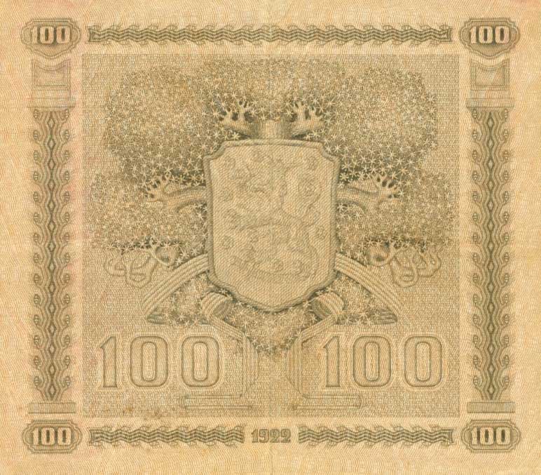 Back of Finland p65a: 100 Markkaa from 1922