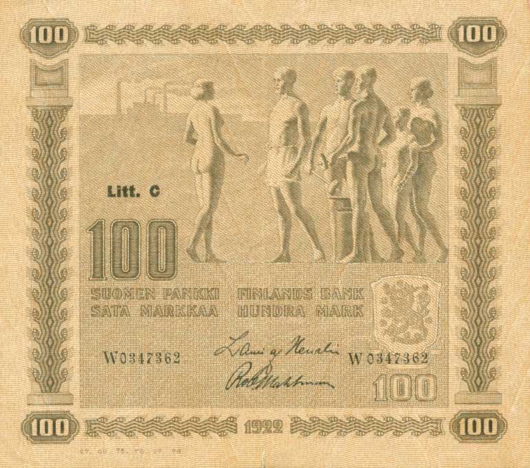 Front of Finland p65a: 100 Markkaa from 1922