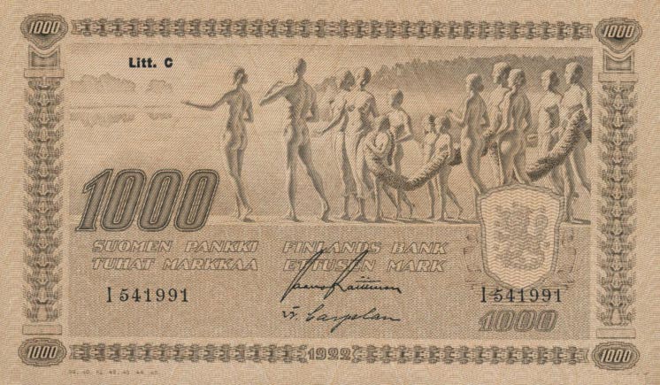 Front of Finland p67a: 1000 Markkaa from 1922