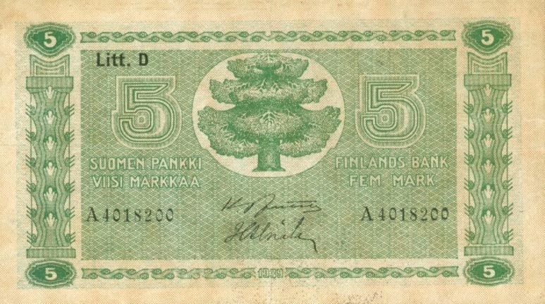 Front of Finland p69a: 5 Markkaa from 1939
