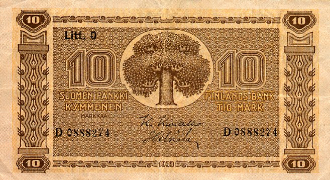 Front of Finland p70a: 10 Markkaa from 1939