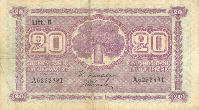 Front of Finland p71a: 20 Markkaa from 1939