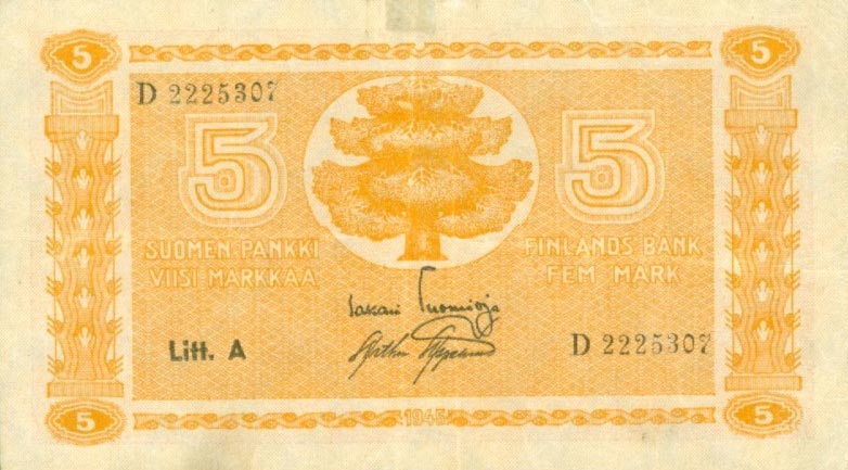 Front of Finland p76a: 5 Markkaa from 1945