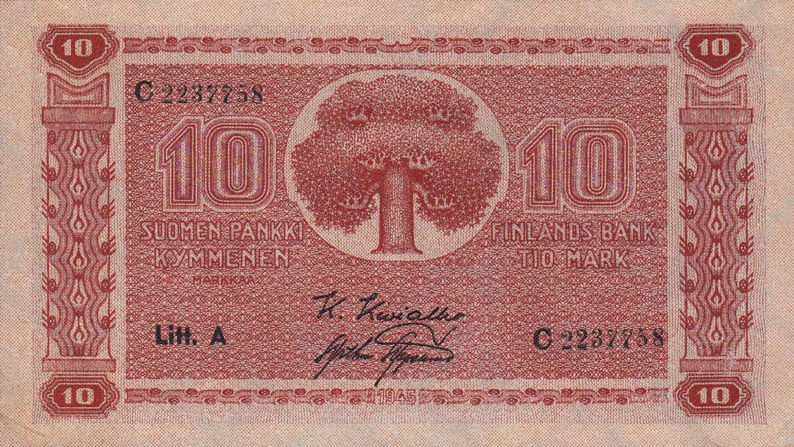 Front of Finland p77a: 10 Markkaa from 1945