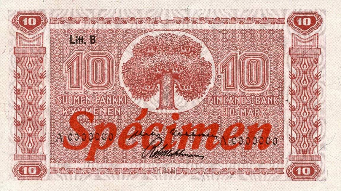 Front of Finland p77s: 10 Markkaa from 1945