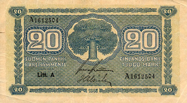 Front of Finland p78a: 20 Markkaa from 1945