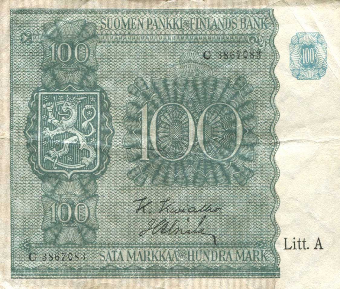 Front of Finland p80a: 100 Markkaa from 1945