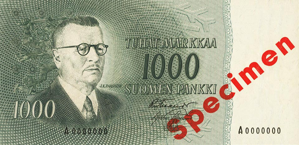 Front of Finland p93s: 1000 Markkaa from 1955