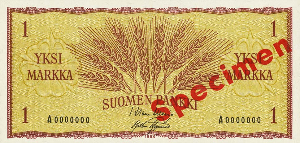 Front of Finland p98s: 1 Markkaa from 1963