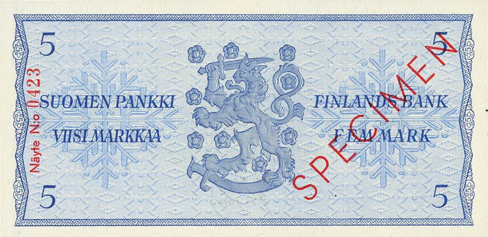 Back of Finland p99s: 5 Markkaa from 1963