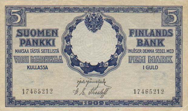 Front of Finland p9a: 5 Markkaa from 1909