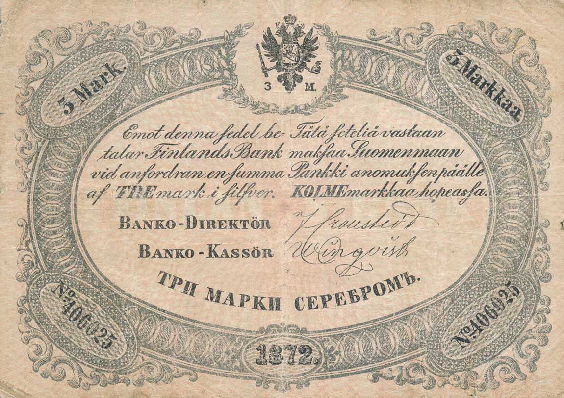 Front of Finland pA40d: 3 Markkaa from 1869