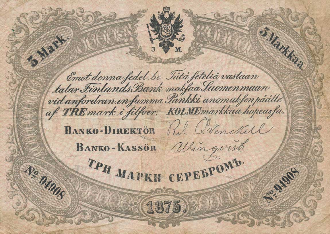 Front of Finland pA40e: 3 Markkaa from 1873