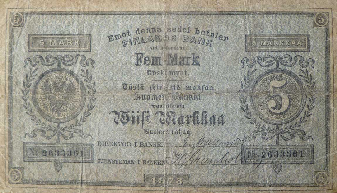 Front of Finland pA43b: 5 Markkaa from 1878
