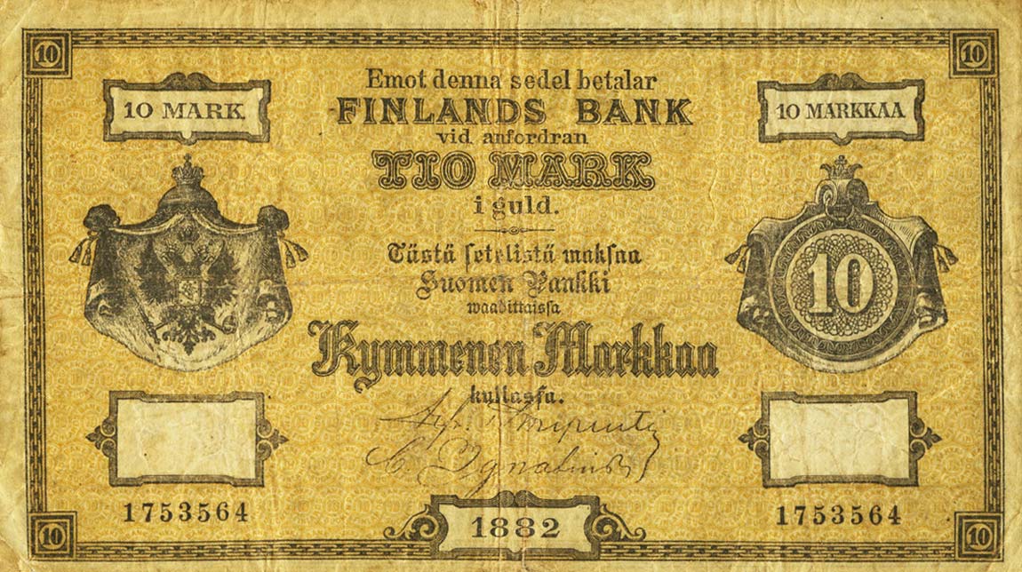 Front of Finland pA46b: 10 Markkaa from 1882