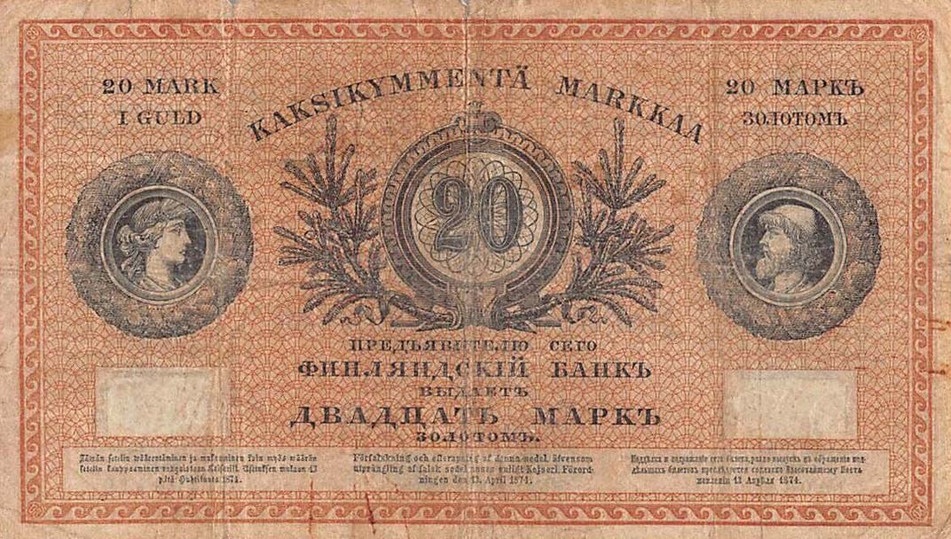 Back of Finland pA47b: 20 Markkaa from 1883